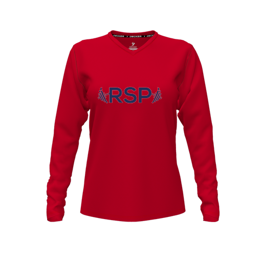 [CUS-DFW-TEES-CMF-VNK-LSL-RED-FYXS-LOGO3] Comfort T-Shirt (Female Youth XS, Red, V Neck, Logo 3, Long Sleeve)