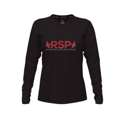 [CUS-DFW-TEES-PER-VNK-LSL-BLK-FYXS-LOGO2] Performance T-Shirt (Female Youth XS, Black, V Neck, Logo 2, Long Sleeve)