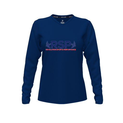 [CUS-DFW-TEES-PER-VNK-LSL-NVY-FYXS-LOGO1] Decker Performance T-Shirt (Female Youth XS, Navy, V Neck, Logo 1, Long Sleeve)