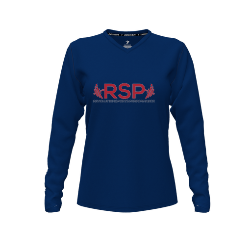 [CUS-DFW-TEES-PER-VNK-LSL-NVY-FYXS-LOGO2] Performance T-Shirt (Female Youth XS, Navy, V Neck, Logo 2, Long Sleeve)
