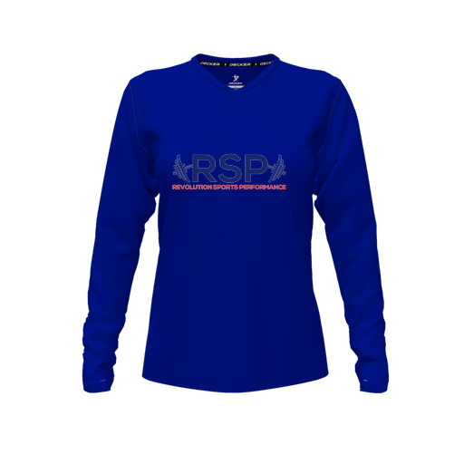 [CUS-DFW-TEES-PER-VNK-LSL-RYL-FYXS-LOGO1] Performance T-Shirt (Female Youth XS, Royal, V Neck, Logo 1, Long Sleeve)