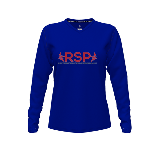[CUS-DFW-TEES-PER-VNK-LSL-RYL-FYXS-LOGO2] Decker Performance T-Shirt (Female Youth XS, Royal, V Neck, Logo 2, Long Sleeve)